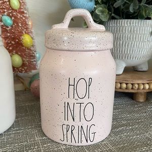 Rae Dunn HOP INTO SPRING baby Pink Speckled Canister